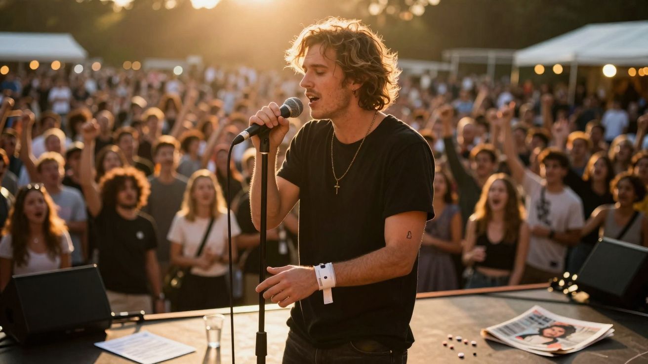 Homem cantando em microfone no palco ao pôr do sol com público animado ao fundo em show ao ar livre.
