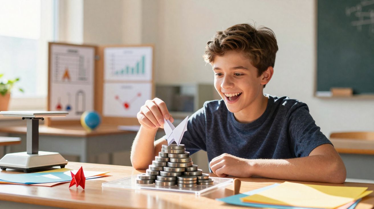 Menino sorrindo em sala de aula empilhando moedas em formato de pirâmide com origamis coloridos.