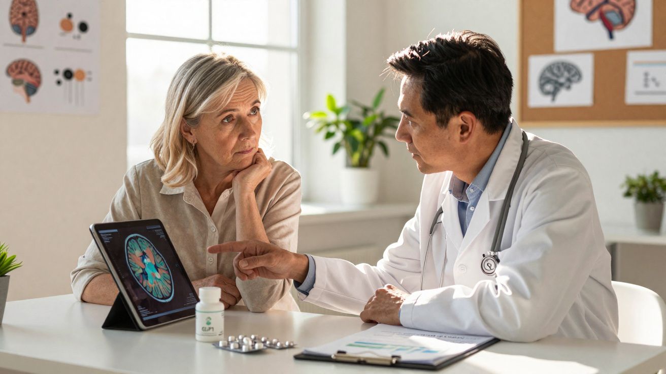 Médico explicando exame cerebral para paciente idosa em consultório iluminado e plantas ao fundo.