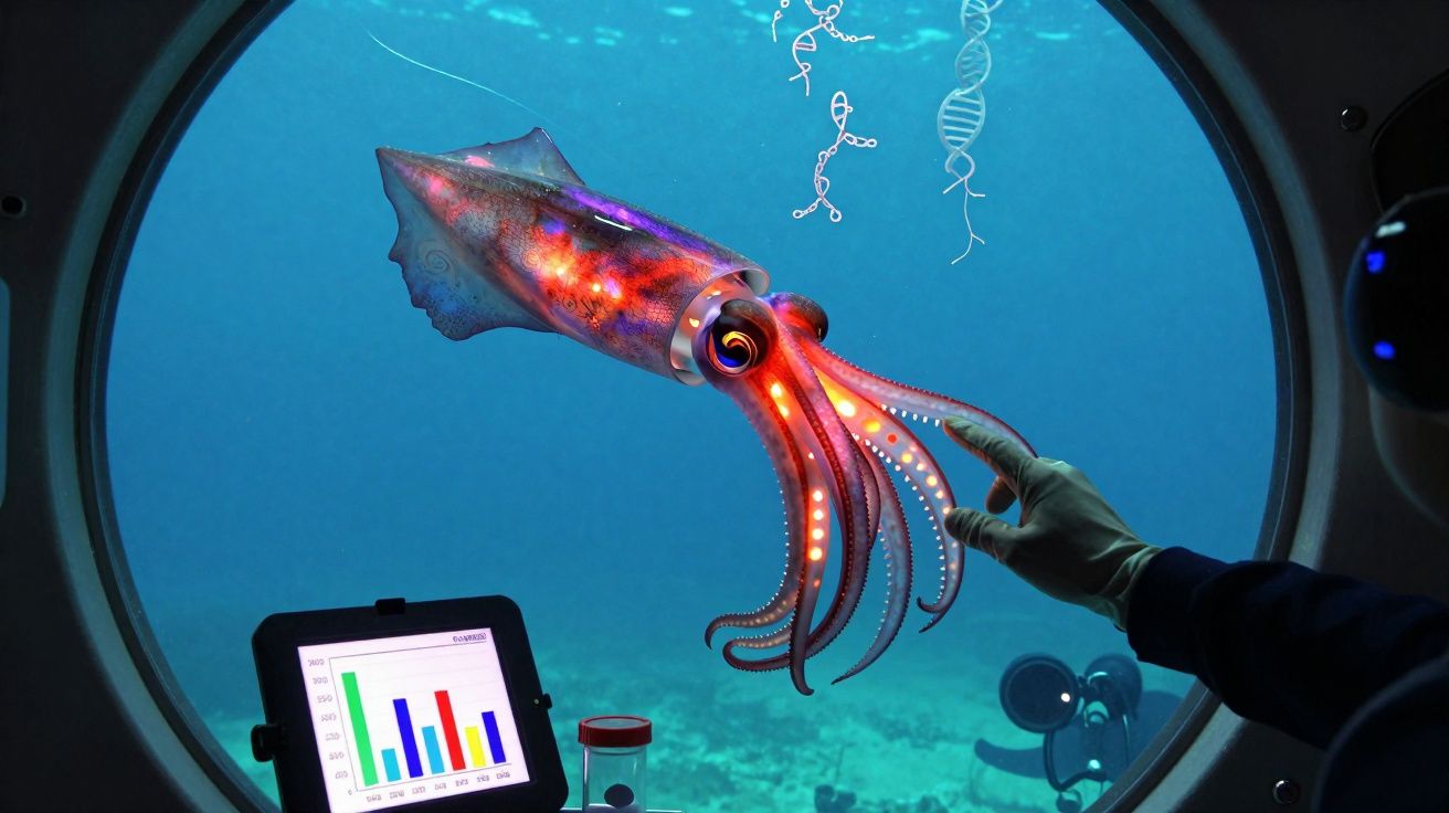 Polvo luminoso sob água azul visto de janela redonda com mão humana tocando tentáculo e tablet com gráfico colorido.