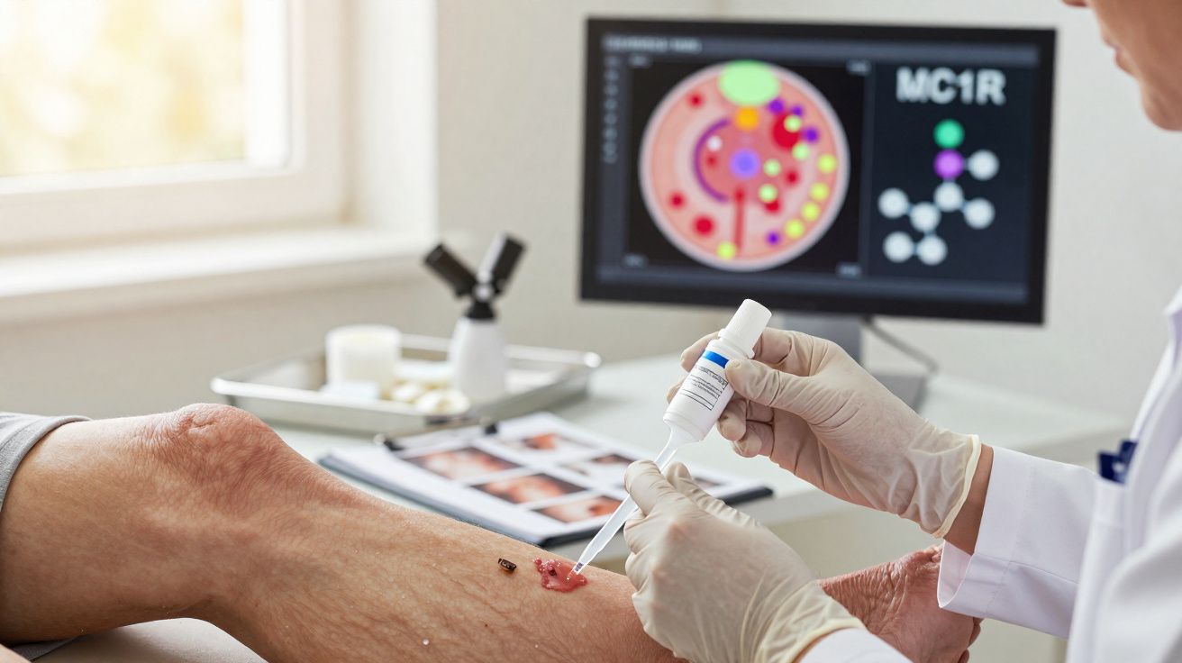 Profissional de saúde aplicando tratamento tópico em ferida na perna de um paciente em consultório.