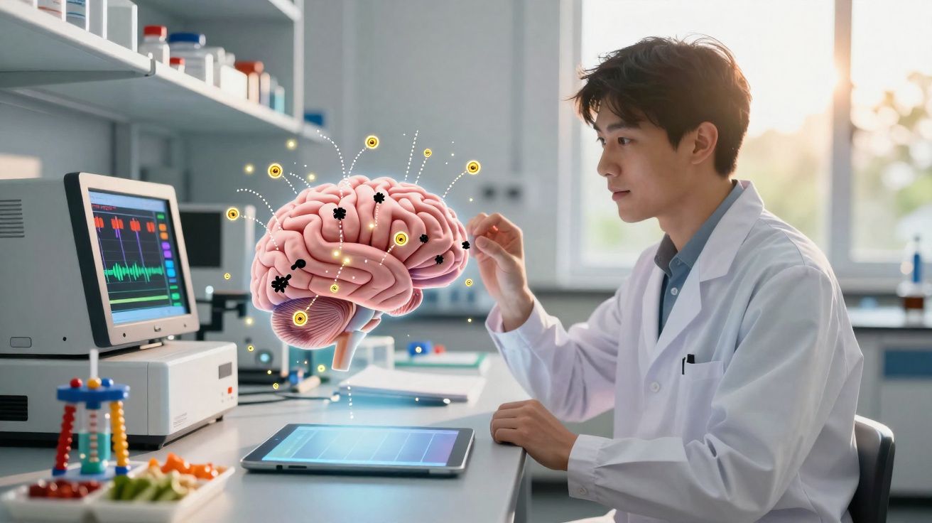 Cientista em laboratório analisando modelo digital de cérebro com dados e gráficos em tela.