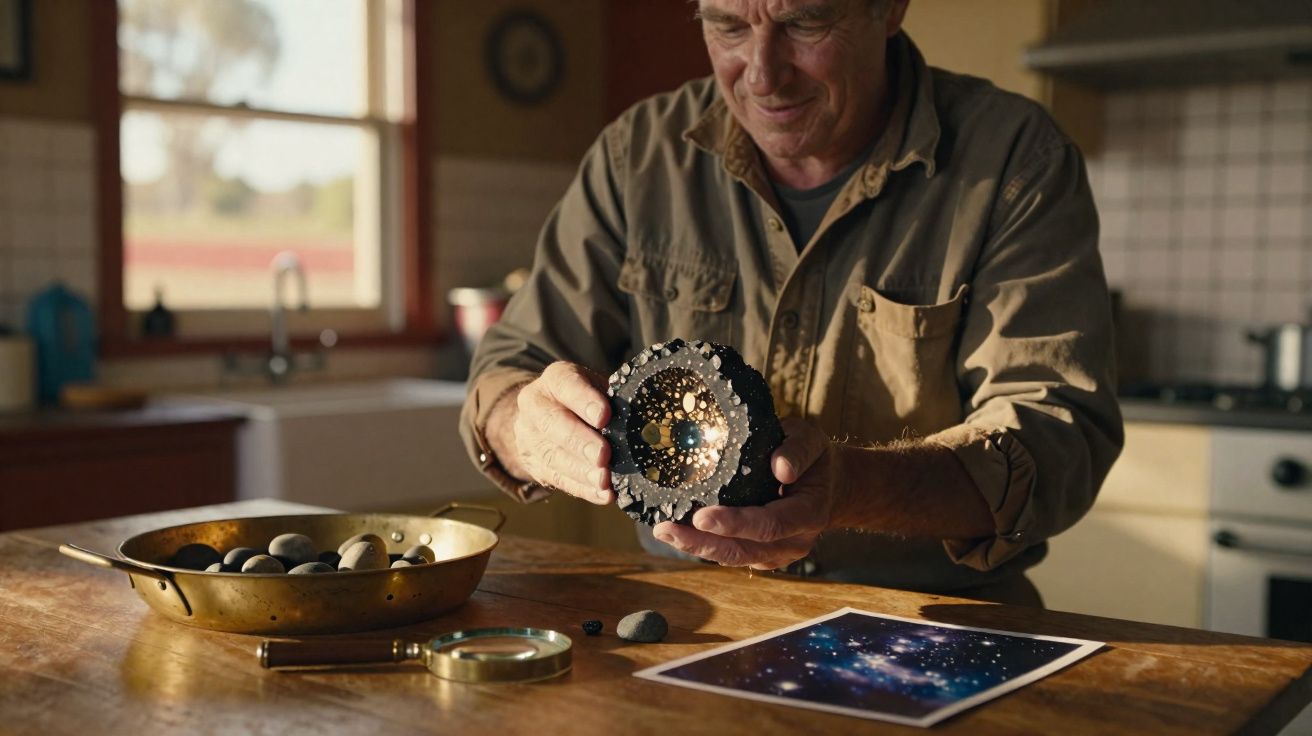 Homem segurando uma rocha com cavidade no centro, em uma mesa com lupa e foto do espaço.