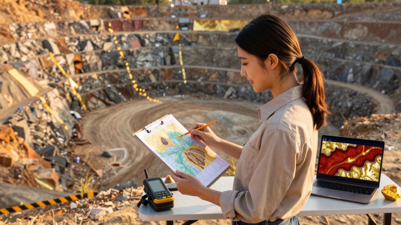 Mulher analisando mapa topográfico em catação ao ar livre com laptop e GPS sobre mesa.