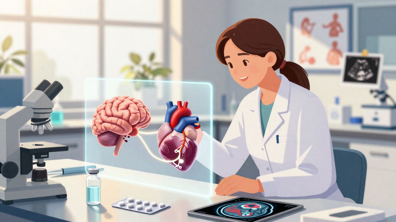 Mulher cientista em laboratório analisando holograma de cérebro e coração com equipamentos médicos ao redor.
