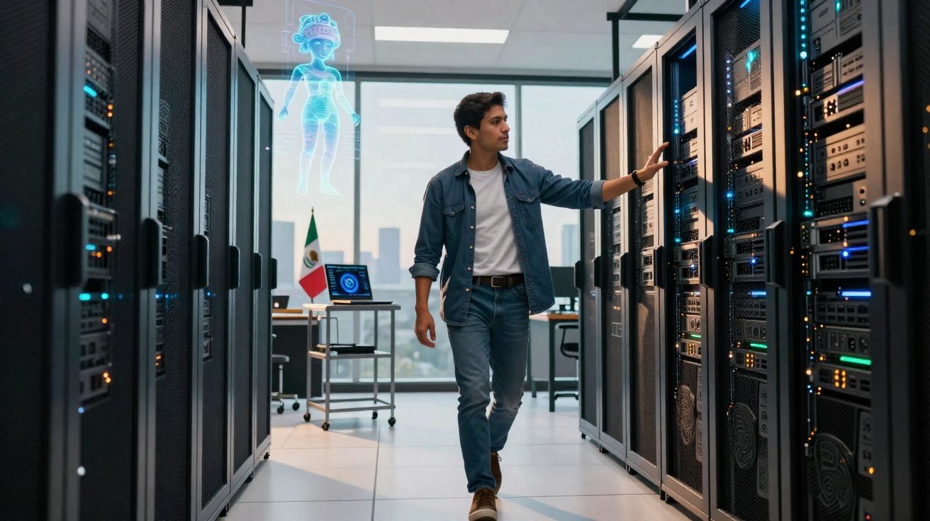 Homem caminhando entre servidores com holograma azul flutuante em sala de dados moderna.