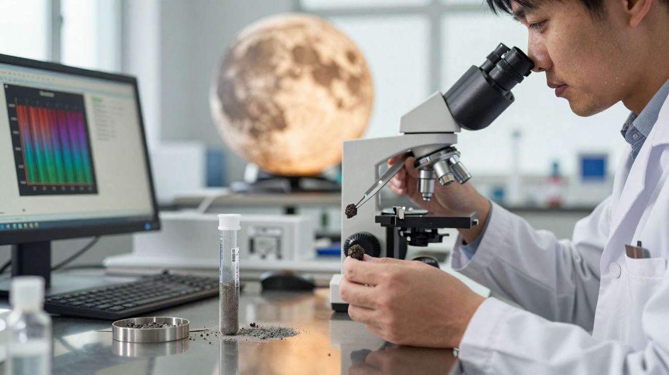 Cientista analisa amostra de solo no microscópio em laboratório, com monitor e modelo da lua ao fundo.