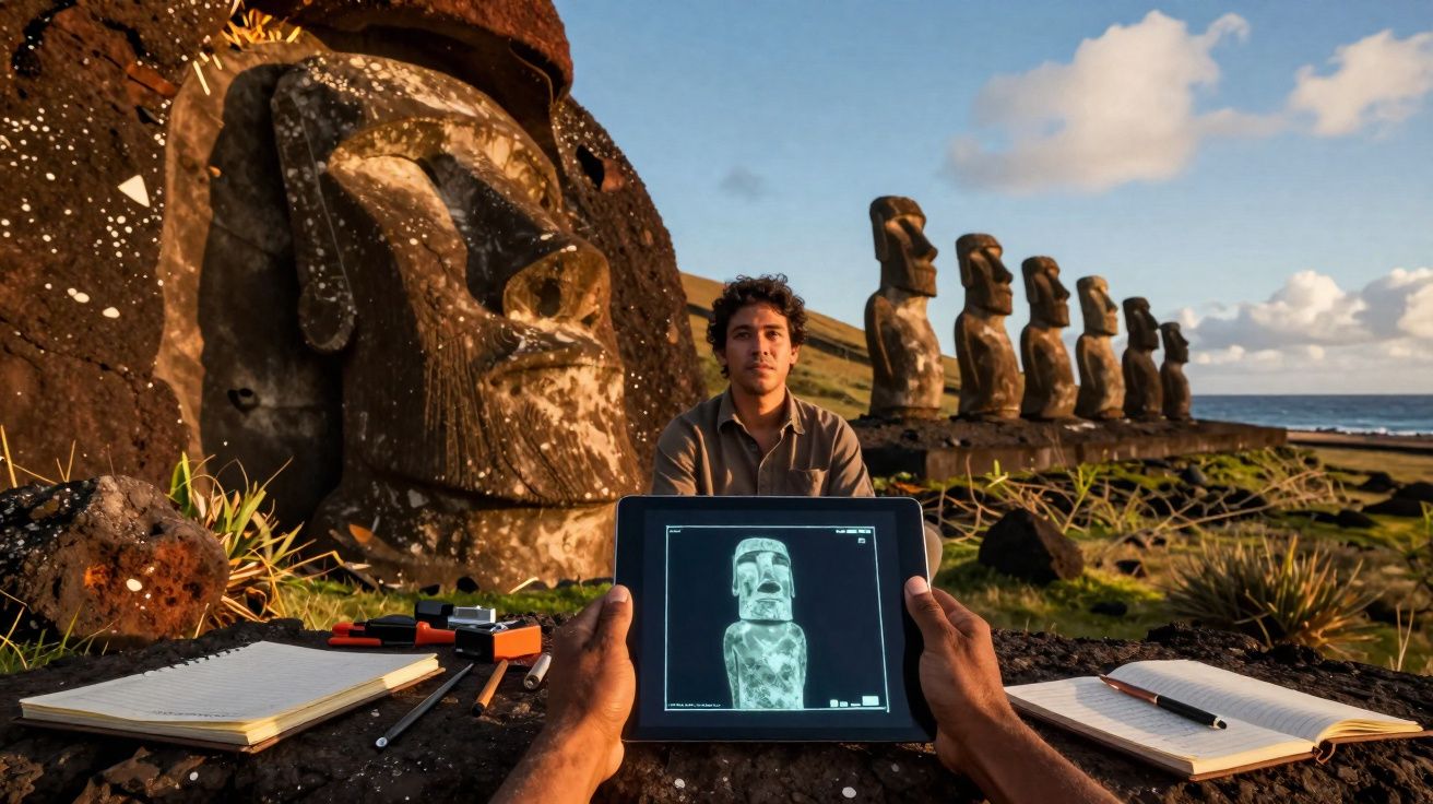 Pessoa sentado próximo a estátuas moai na Ilha de Páscoa, com imagem digital da estátua em tablet.
