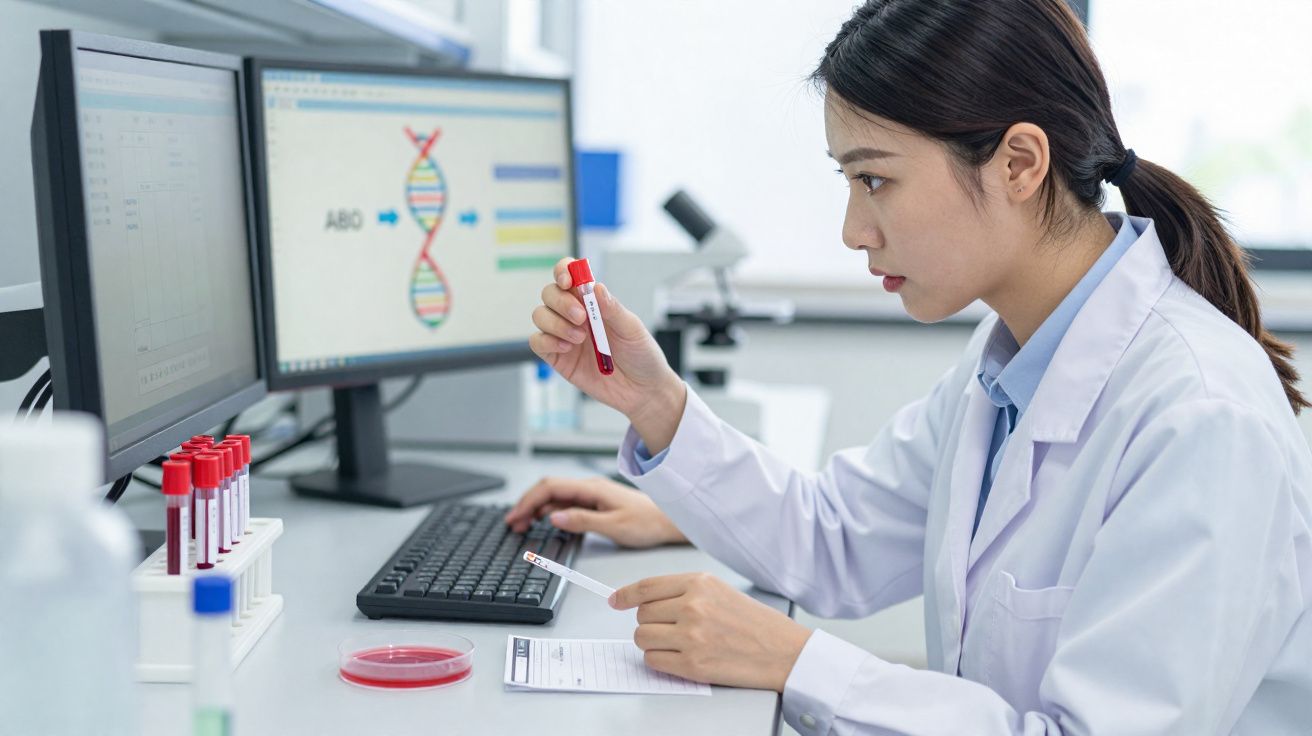 Pesquisadora em jaleco branco analisando tubos de ensaio com sangue em laboratório moderno.