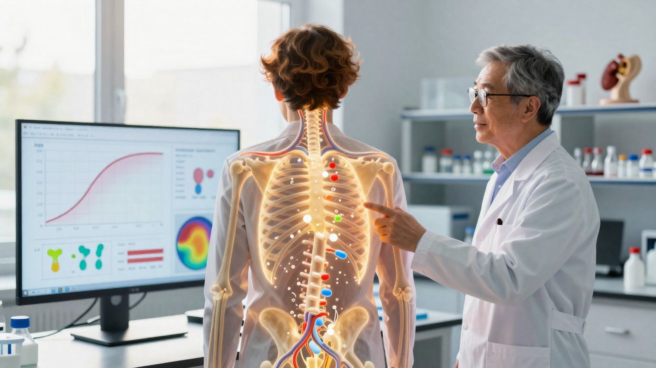 Médico analisando imagem digital do sistema esquelético de paciente em consultório moderno.