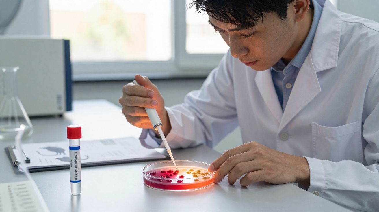 Cientista usando pipeta para transferir líquidos em placa de Petri com colônias de bactérias no laboratório.