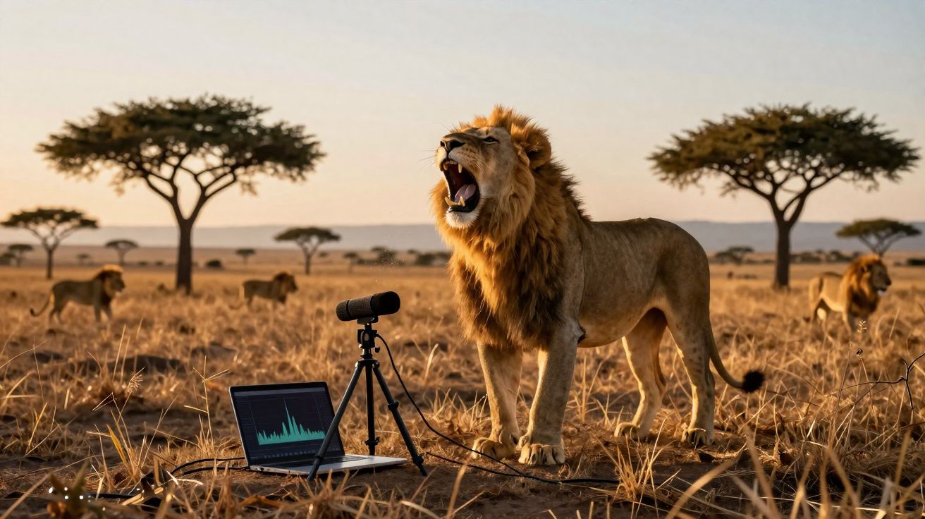Leão ruge próximo a microfone e laptop em savana com outras árvores e leões ao fundo.