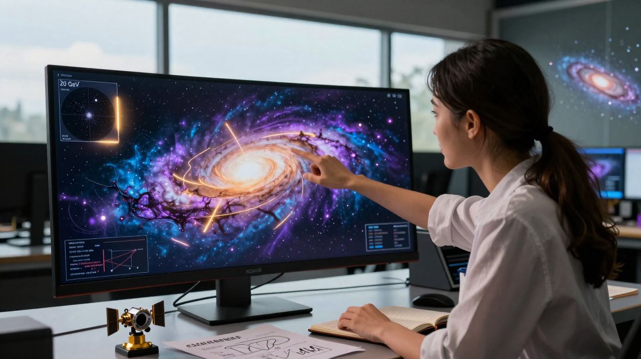 Mulher cientista aponta para uma galáxia colorida em uma tela de computador na sala de pesquisa.