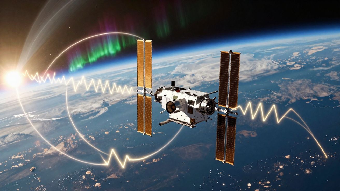 Satélite orbitando a Terra mostrando comunicação por ondas eletromagnéticas e aurora boreal ao fundo.