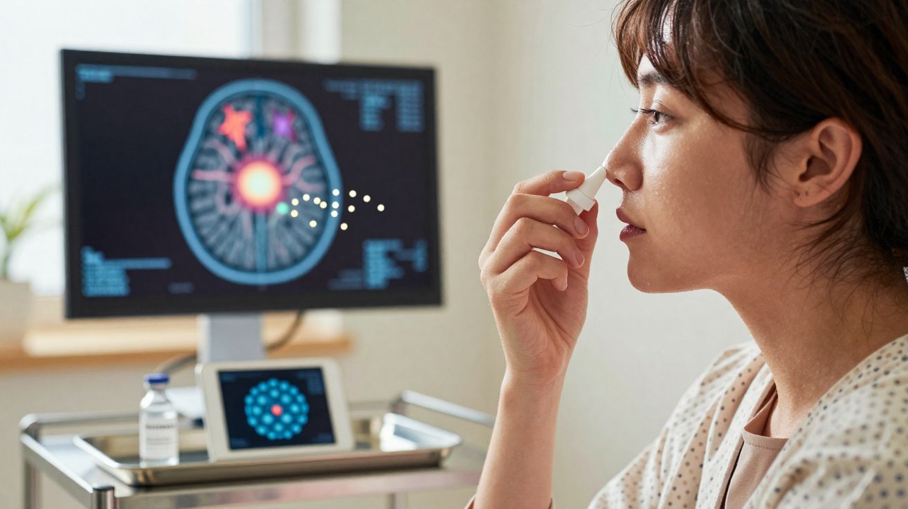 Mulher aplicando spray nasal em consultório com imagens de cérebro em tela ao fundo.