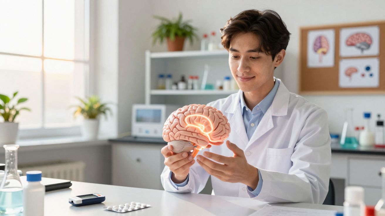 Cientista em laboratório segurando modelo anatômico do cérebro humano para estudo.
