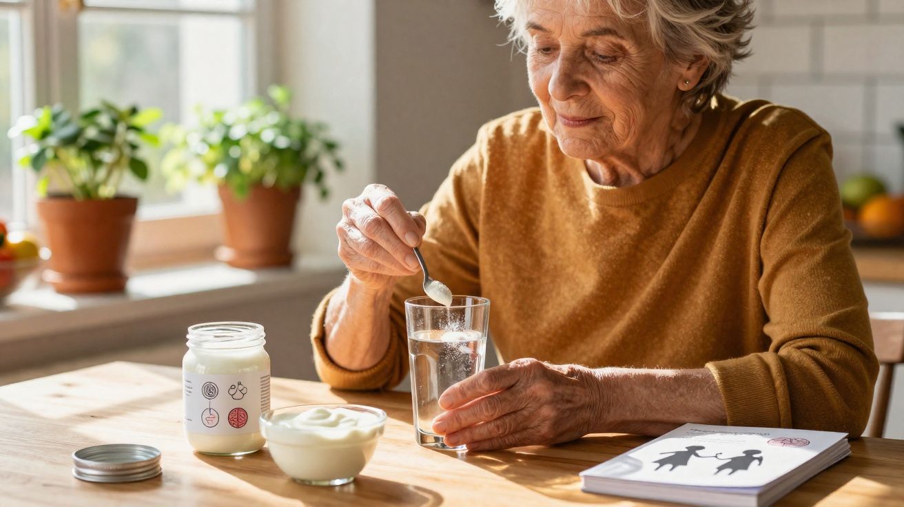 Idosa mexendo comprimido efervescente em copo d’água na cozinha iluminada pela manhã.