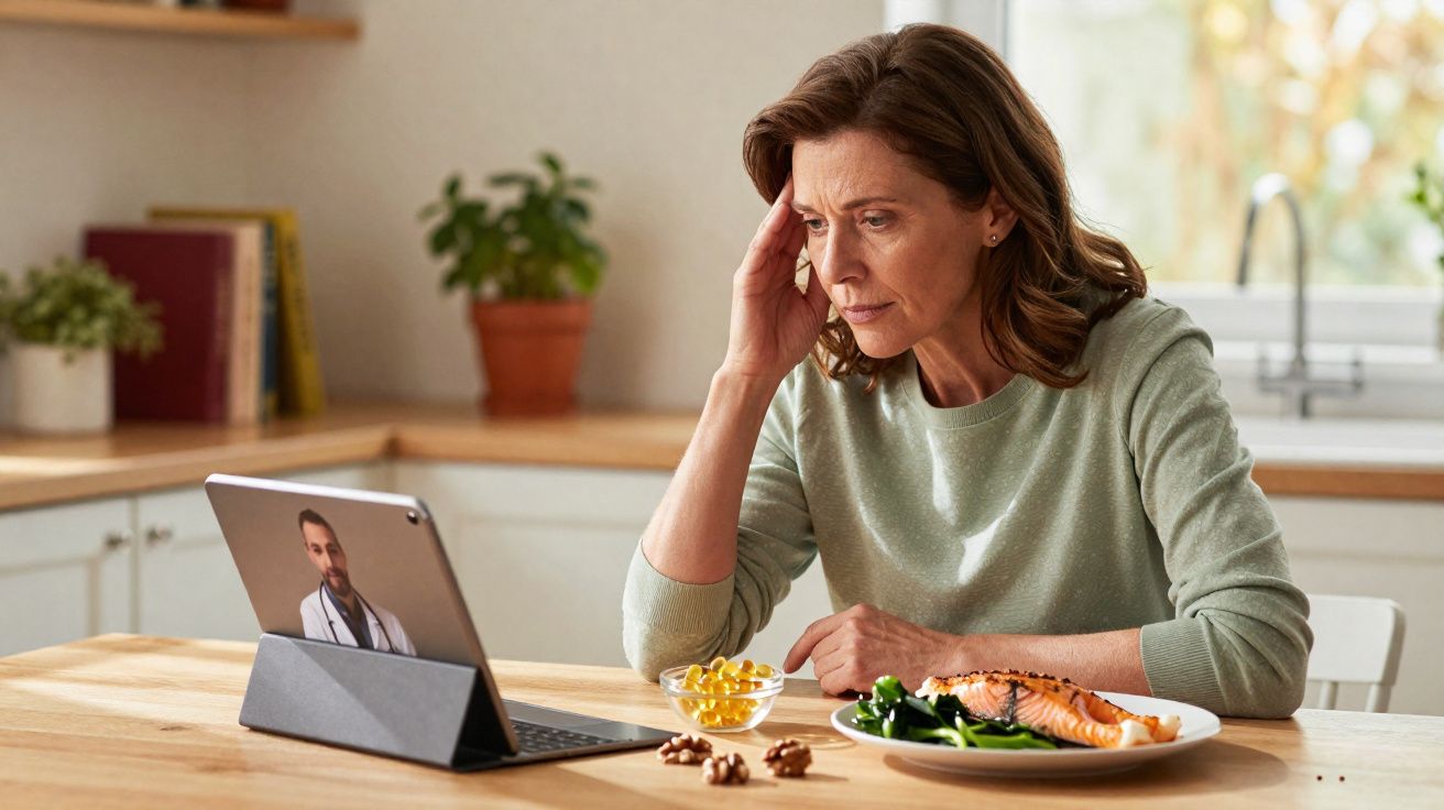 Mulher preocupada consulta médico em videochamada enquanto está à mesa com prato de salmão e vegetais.
