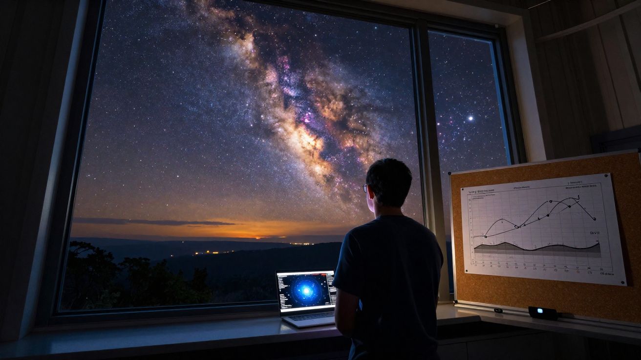 Pessoa observando a Via Láctea à noite através de uma janela com laptop e gráfico ao lado em ambiente escuro.