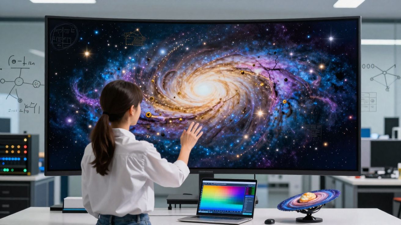 Mulher observando modelo digital de galáxia espiral em tela grande numa sala de aula ou laboratório.