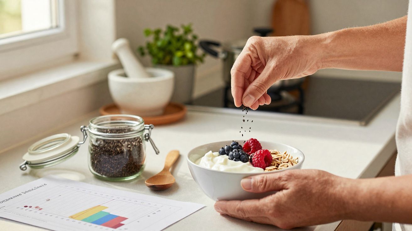 Pessoa polvilhando sementes em tigela com iogurte, frutas vermelhas e aveia na cozinha iluminada.