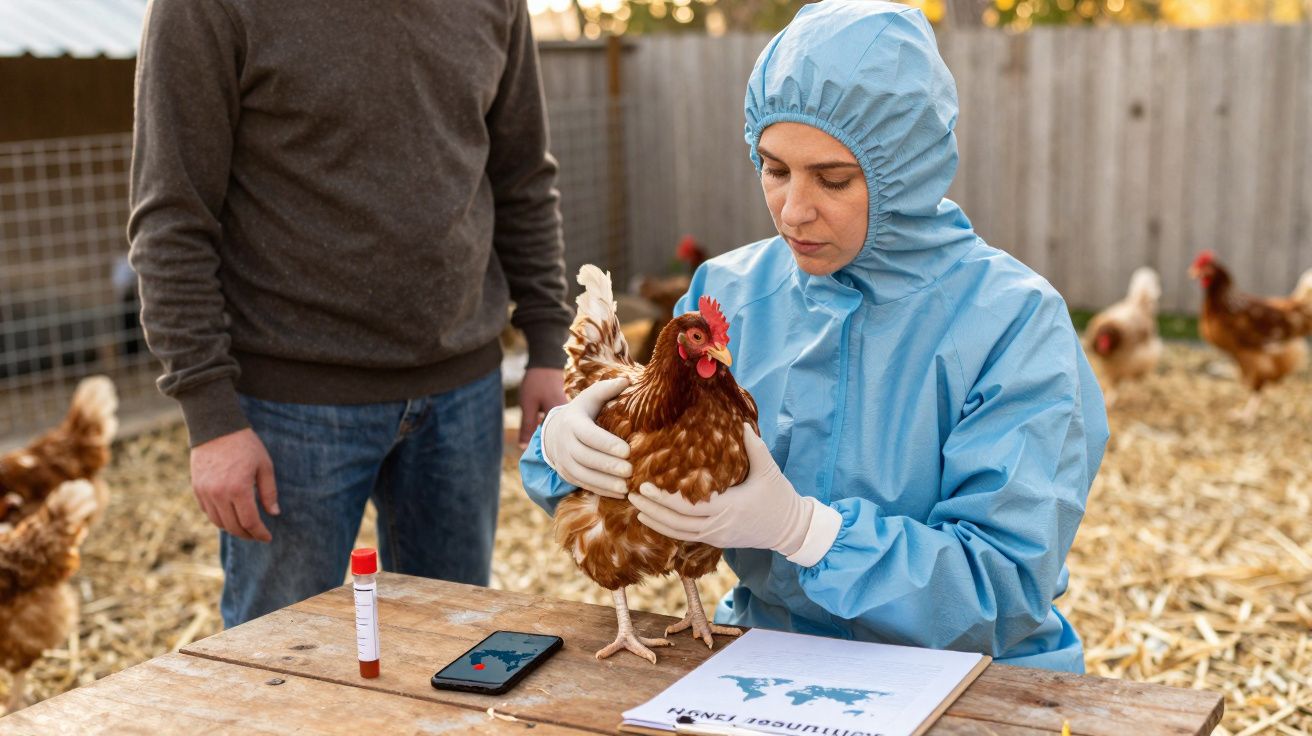Profissional em roupa de proteção faz exame em galinha para controle sanitário em criação ao ar livre.