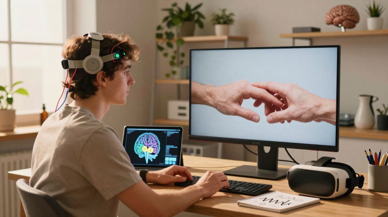 Jovem com capacete de EEG usando computador com imagem de cérebro e tela mostrando mãos tocando.