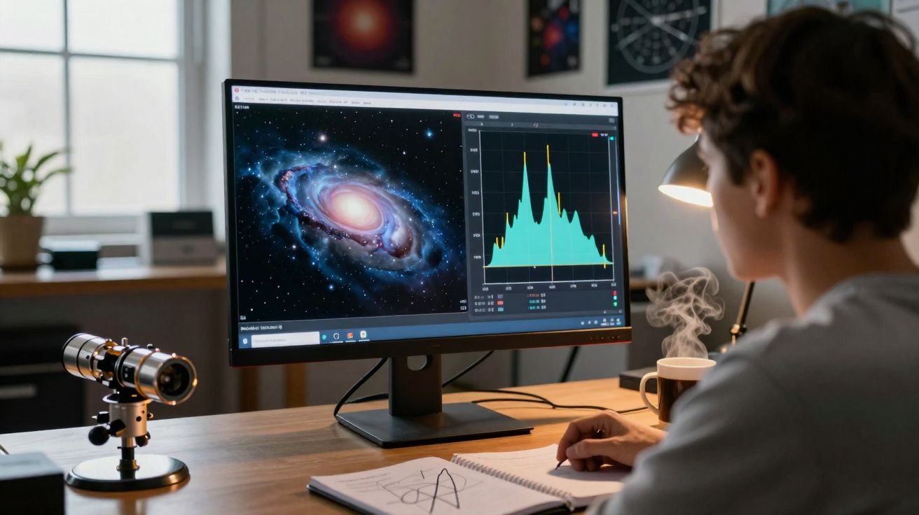 Pessoa estudando galáxias no computador com gráfico, ao lado de telescópio e caderno sobre mesa.