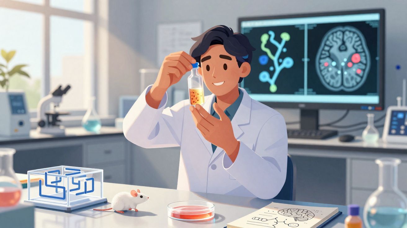 Pesquisador em laboratório analisa amostra em frasco, com rato e telas de cérebro ao fundo.
