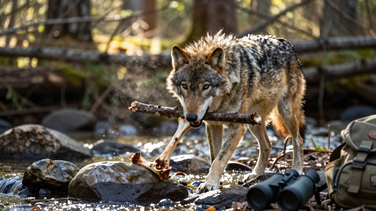 Lobo cinzento segurando um galho na boca enquanto caminha sobre pedras em um riacho na floresta.