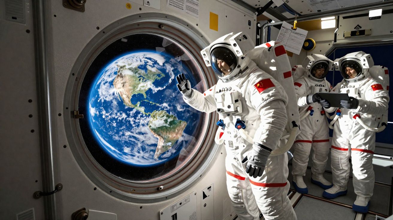 Astronautas chineses em traje espacial dentro de estação observando a Terra pela janela circular.