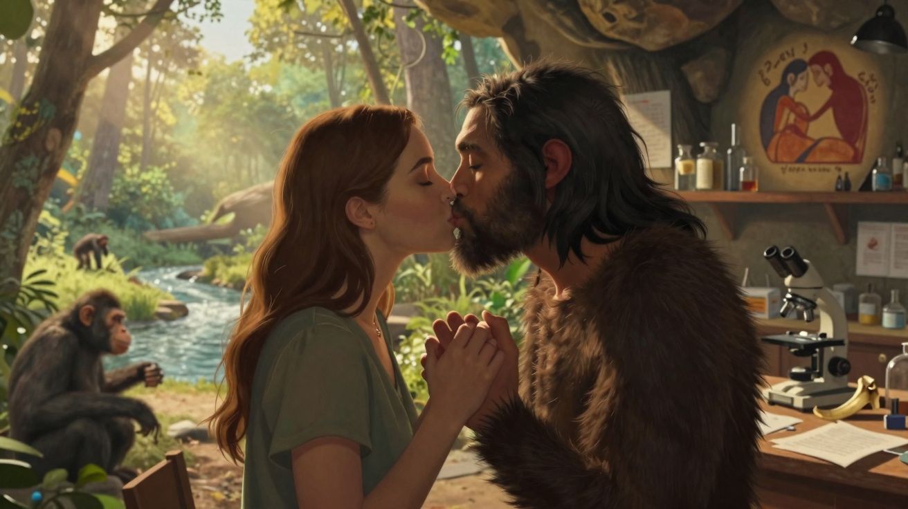 Mulher e homem pré-histórico com pele beijam-se segurando as mãos em ambiente natural e laboratório improvisado.