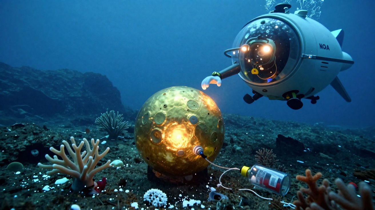 Submarino explorando fundo do mar próximo a esfera dourada brilhante entre corais.