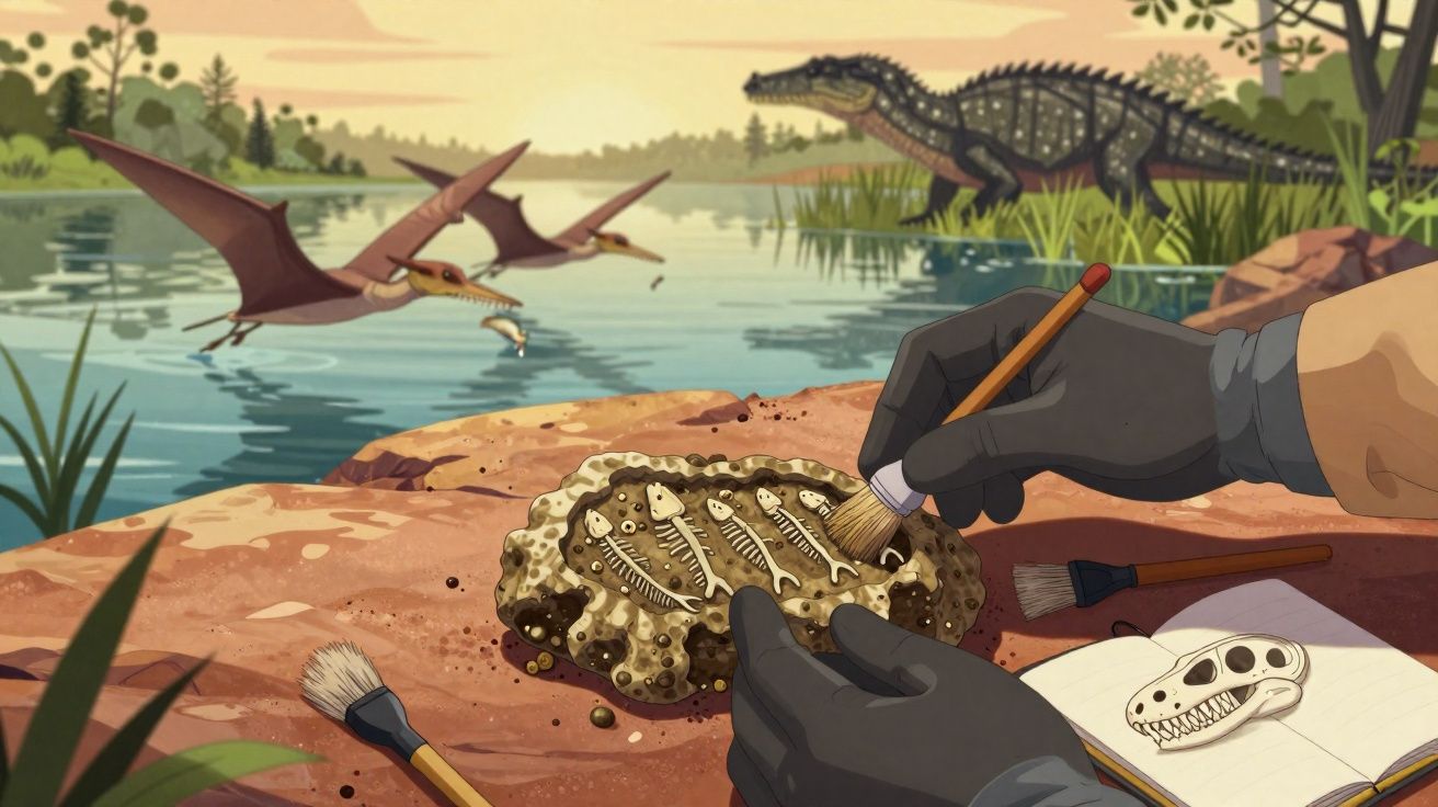 Mãos com luvas limpam fóssil de répteis em escavação perto de rio com dinossauros ao fundo.