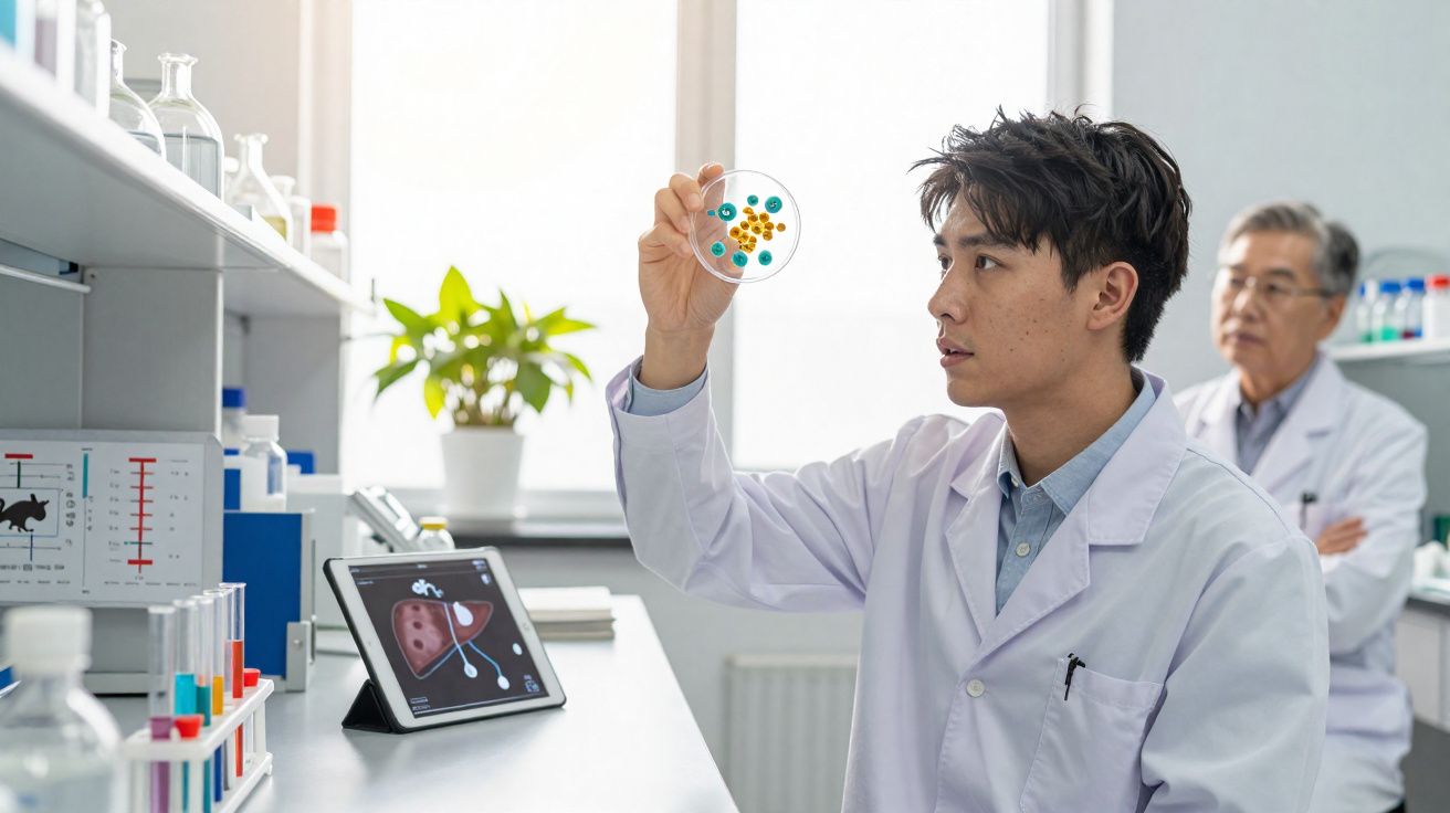 Cientistas em laboratório analisam cultura em placa de petri com tablet exibindo imagens médicas ao lado.