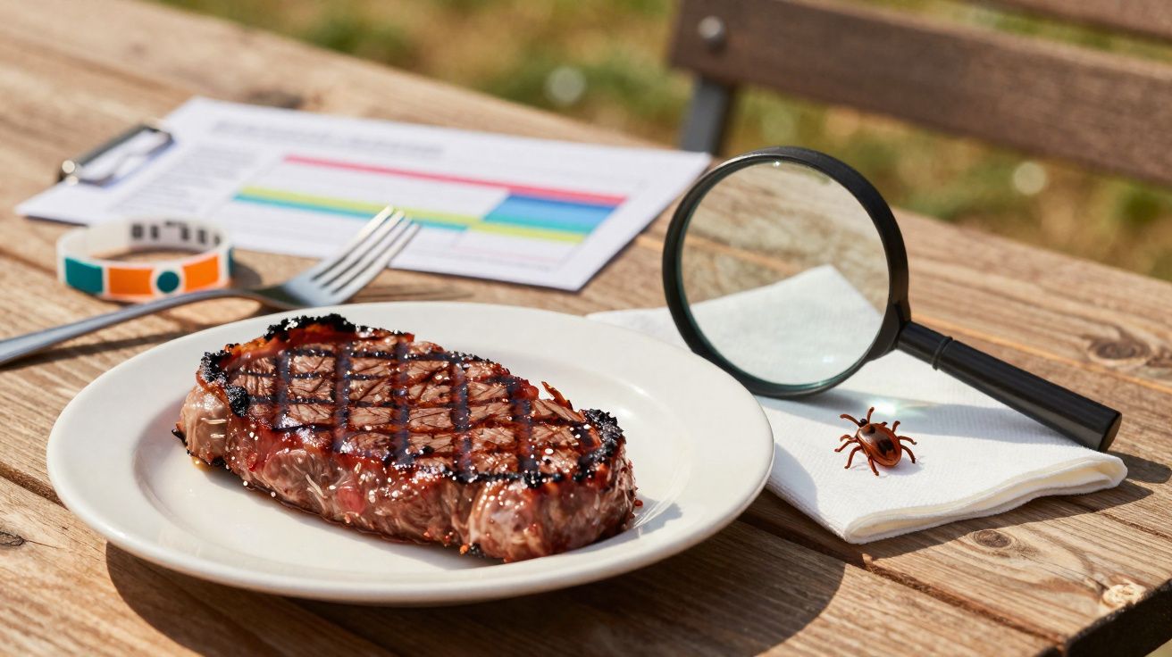 Bife grelhado em prato branco sobre mesa de madeira, com lupa e carrapato ao lado.