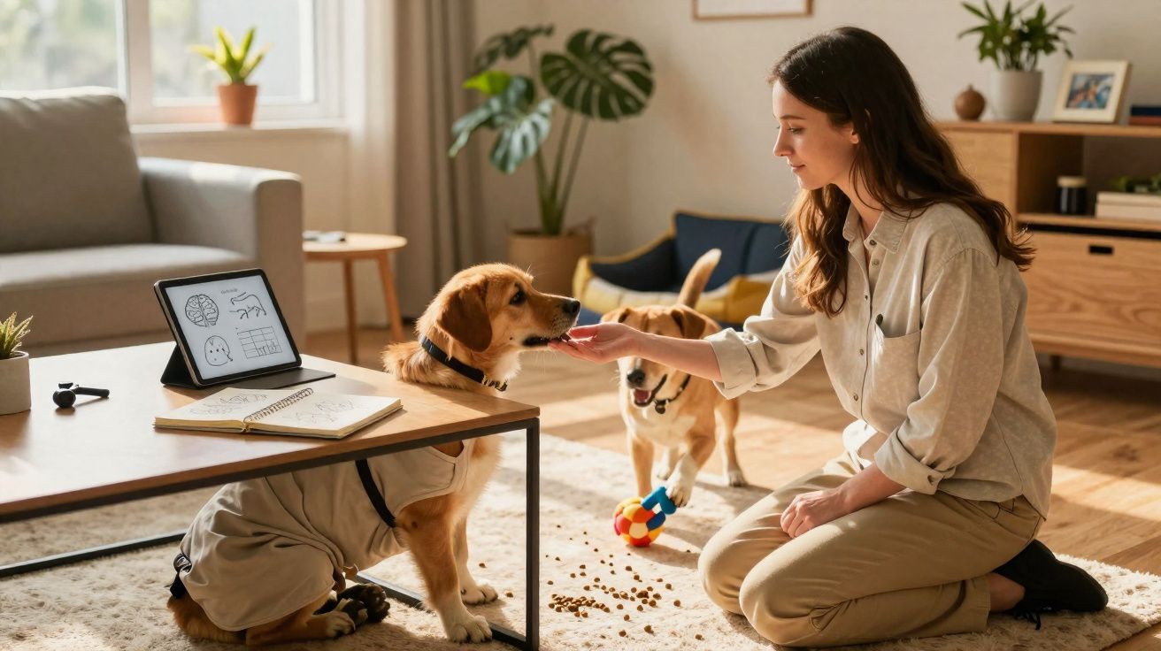 Mulher alimenta cachorro com coleira dentro de casa enquanto outro cachorro brinca no tapete.