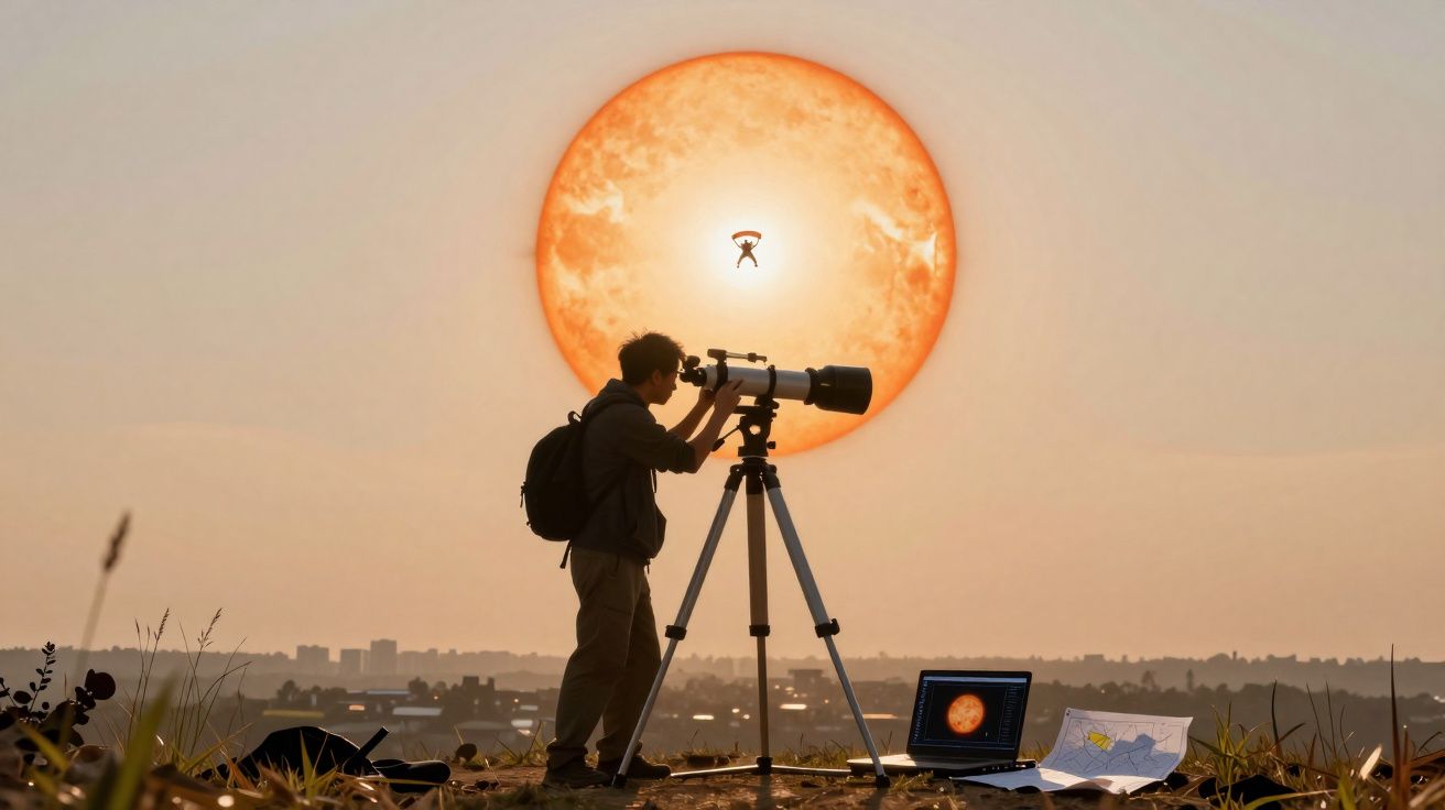 Pessoa usando telescópio ao pôr do sol, com laptop e mapas no chão e o sol gigante ao fundo.