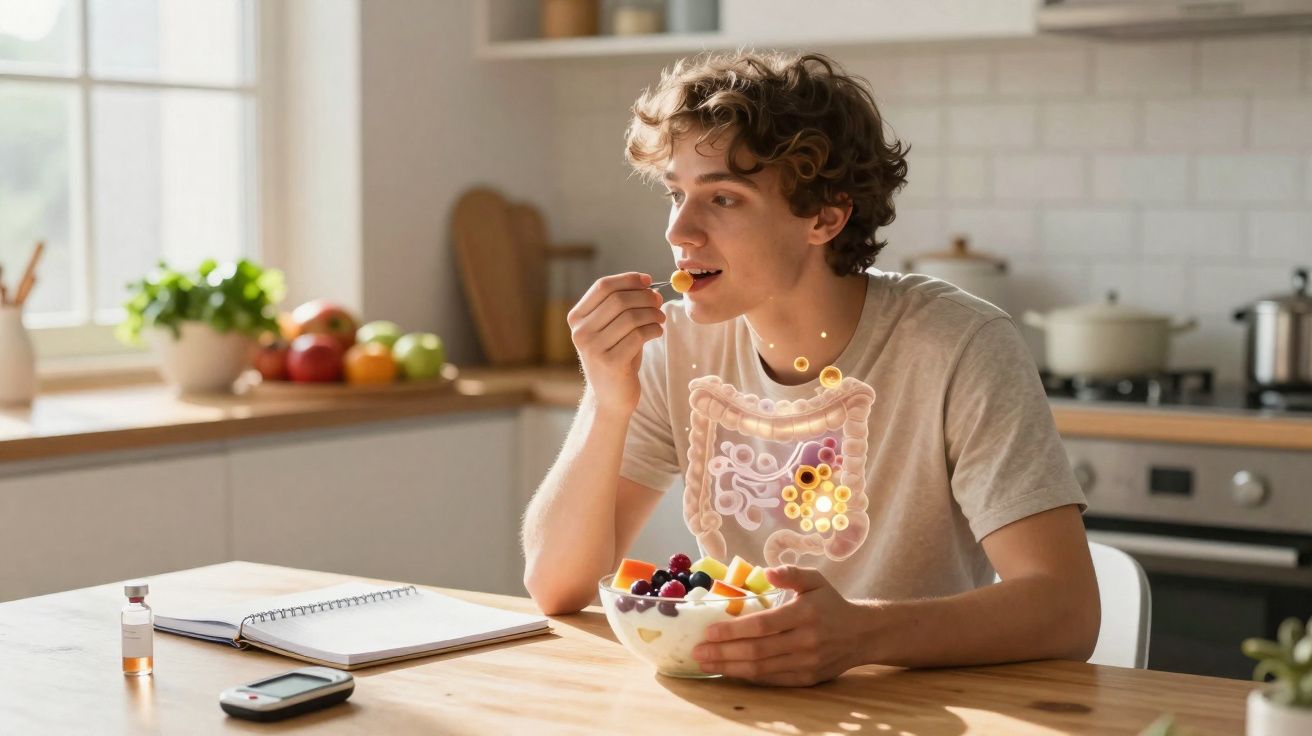 Jovem comendo frutas em cozinha, com ilustração digital do sistema digestivo sobreposta ao corpo.
