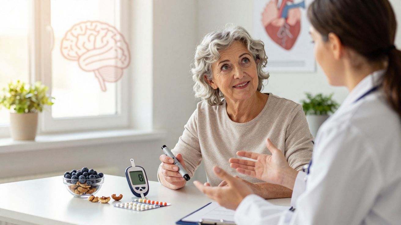 Paciente idosa discutindo controle de diabetes com médica em consultório, com frutas e remédios na mesa.