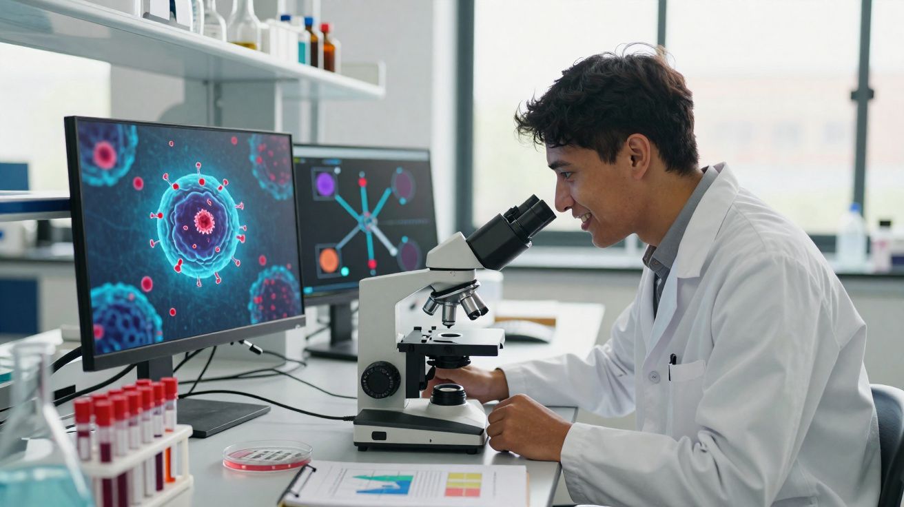 Cientista em laboratório analisa amostra no microscópio com imagens de vírus em telas ao fundo.