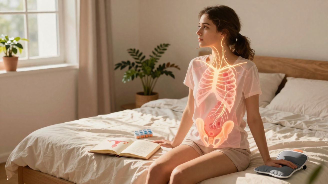 Mulher sentada na cama com ilustração dos órgãos internos iluminados e remédios ao lado.
