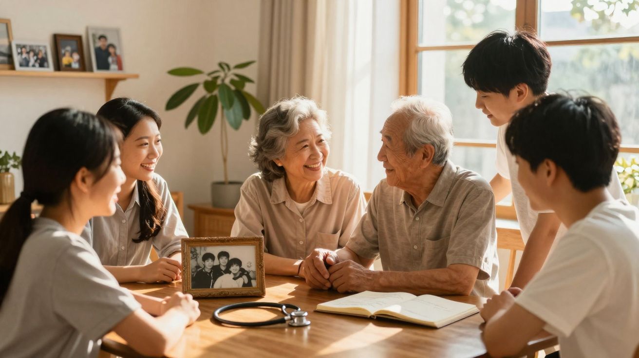 Família reunida ao redor da mesa com avós sorrindo e jovens em ambiente iluminado e acolhedor.