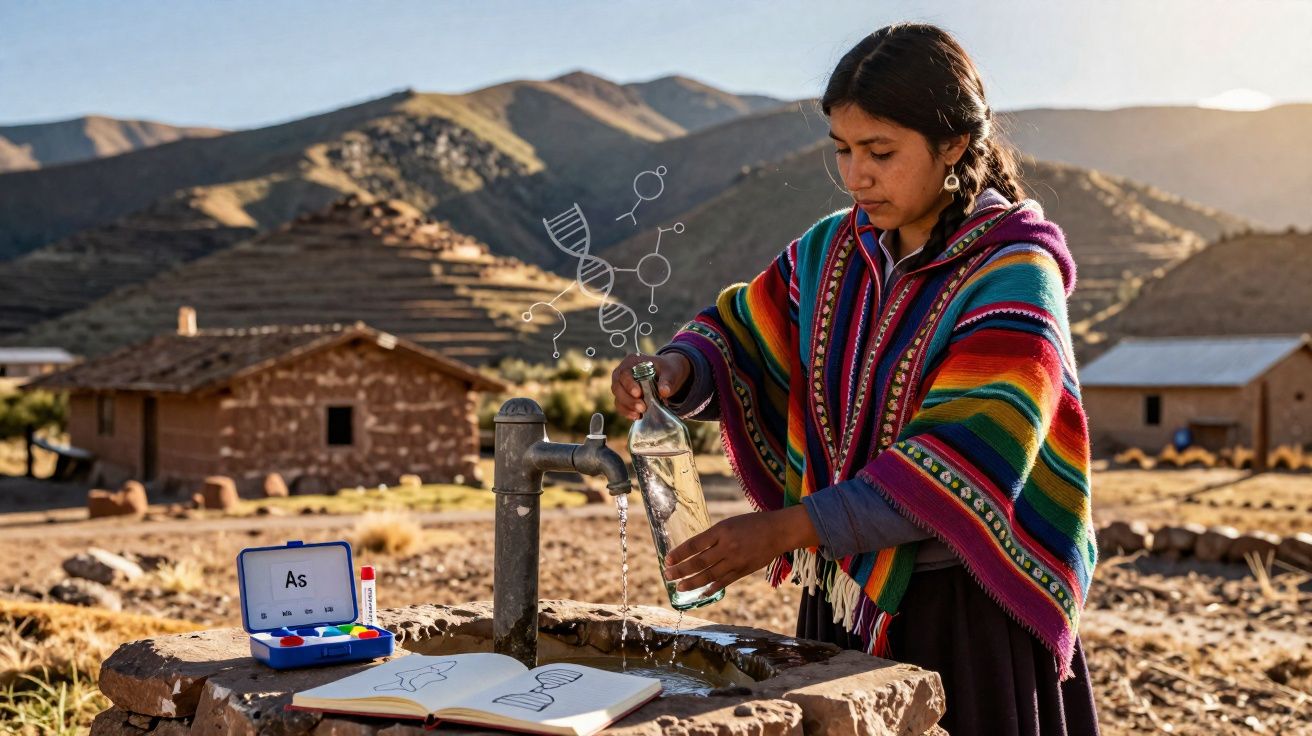 Mulher indígena com poncho colorido enchendo garrafa de água em fonte com livros e montanhas ao fundo.