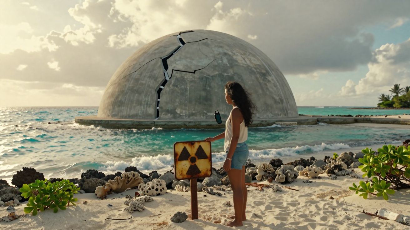 Mulher observando esfera de concreto rachada na praia com placa de radiação no primeiro plano.