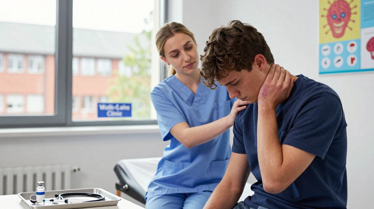 Homem com dor no pescoço sendo atendido por enfermeira em clínica médica.