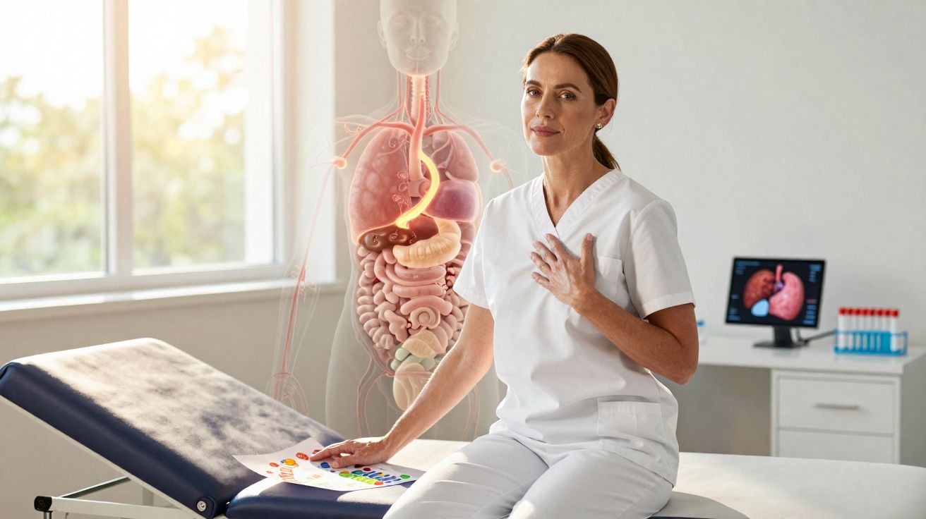 Mulher médica sentada em clínica com mãos no peito e gráficos do sistema digestivo ao fundo.
