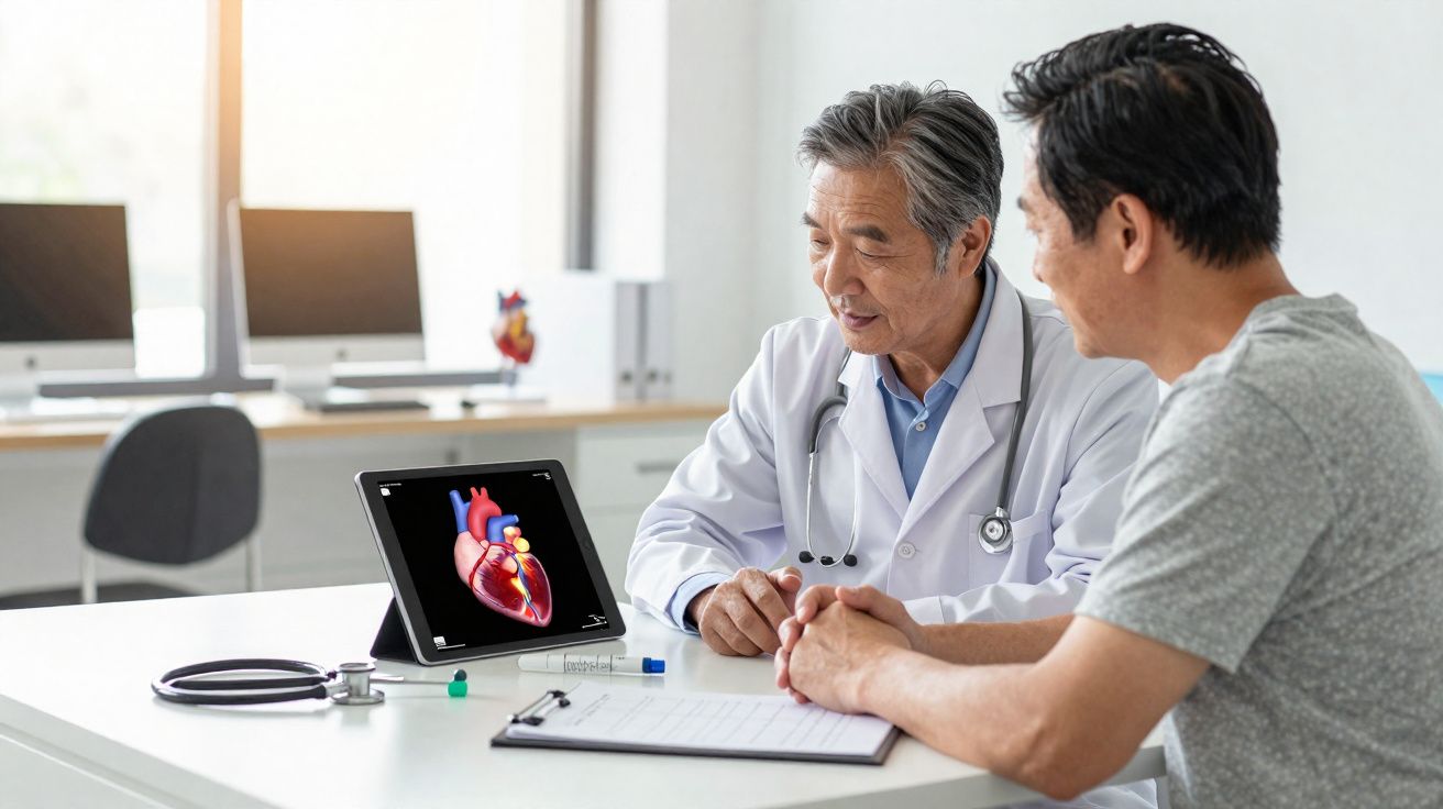 Médico explica imagem digital de coração para paciente em consultório moderno e iluminado.
