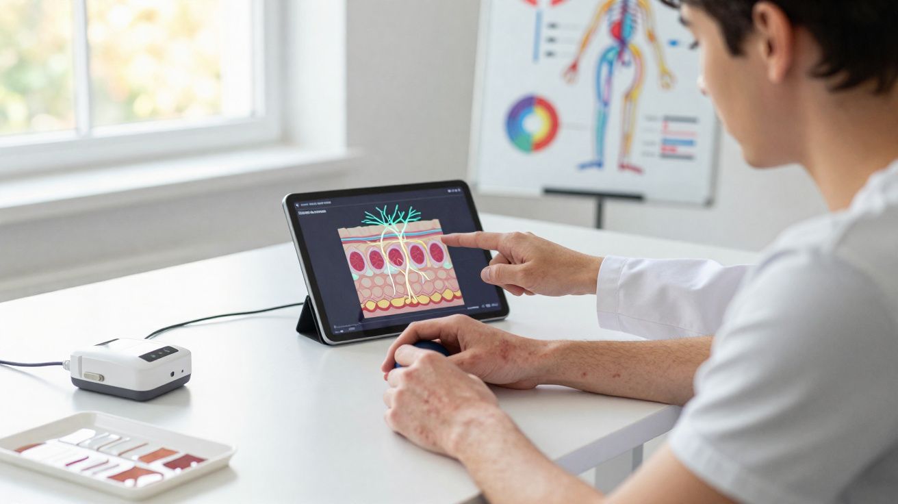 Profissional de saúde analisando camada da pele em tablet no consultório com modelo anatômico ao fundo.