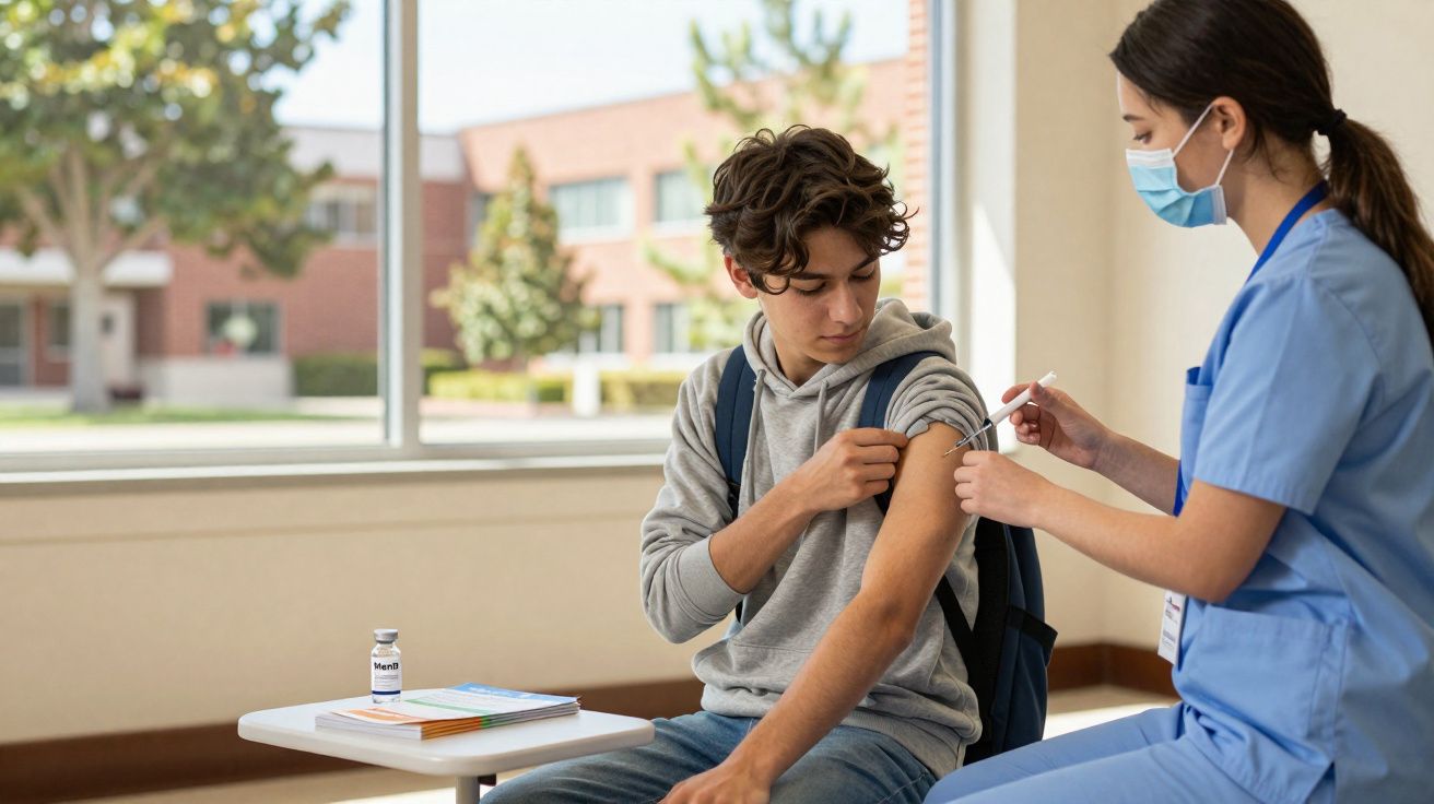 Jovem recebendo vacina no braço por profissional de saúde usando máscara em ambiente interno iluminado.